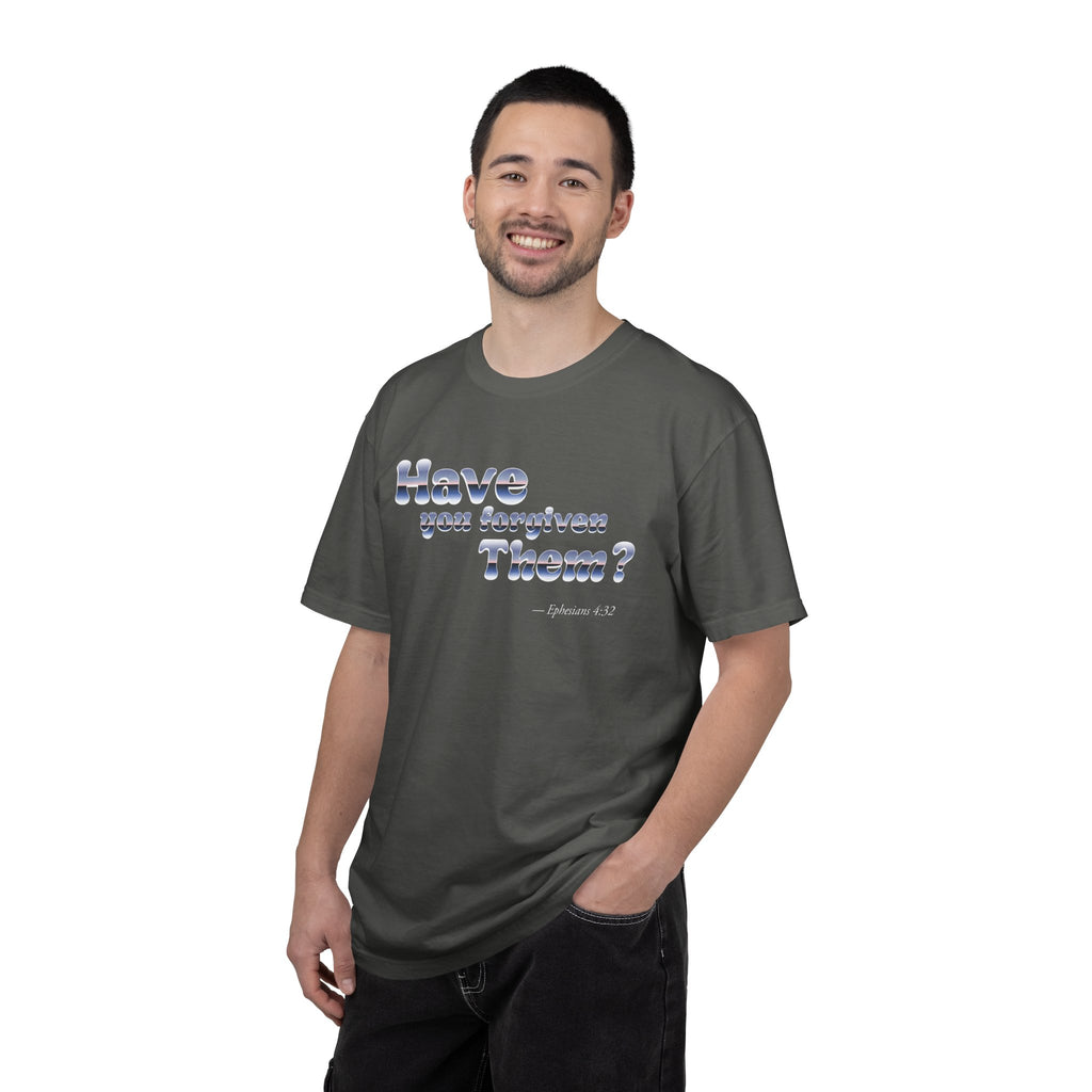 Man wearing a gray t-shirt with text on a white background