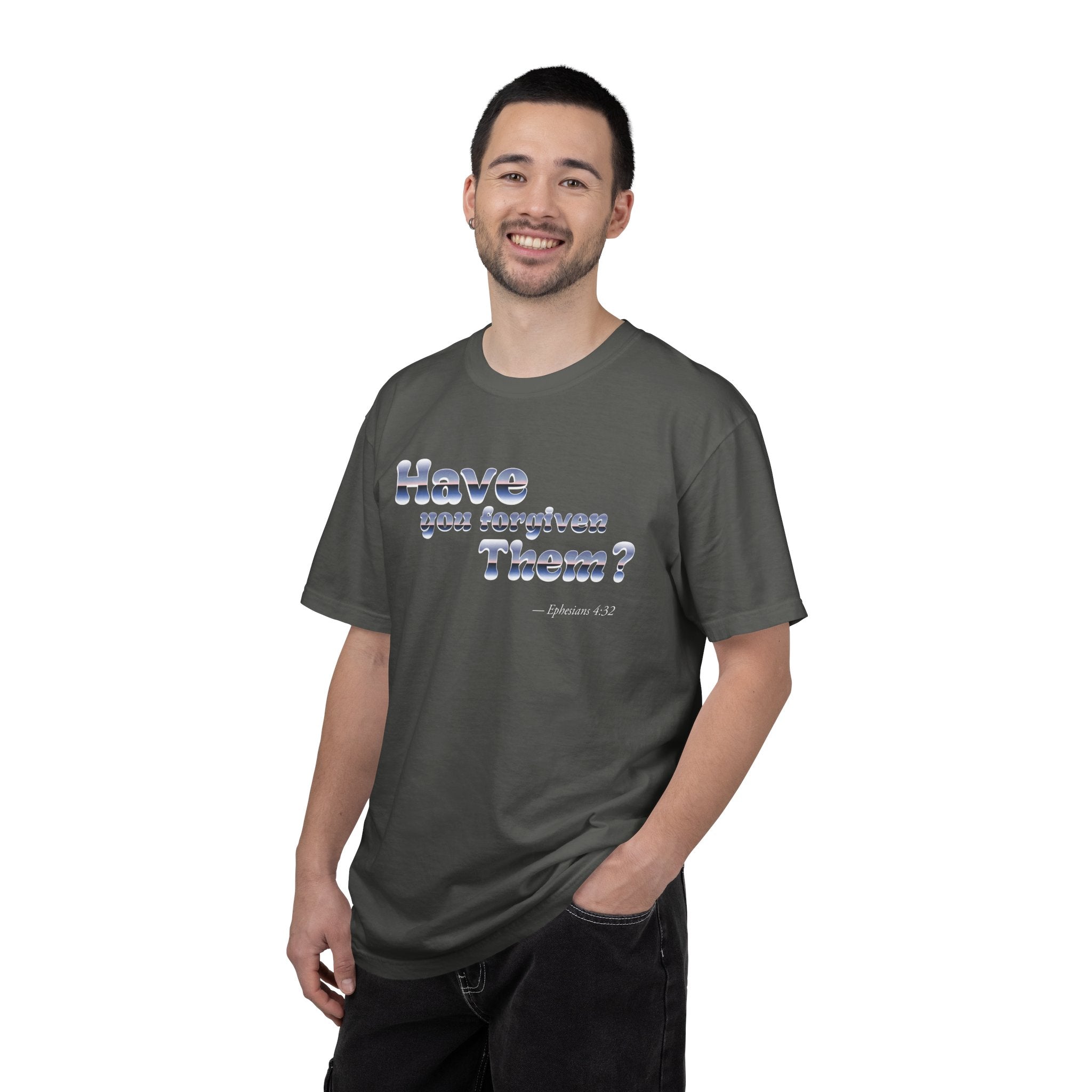 Man wearing a gray t-shirt with text on a white background