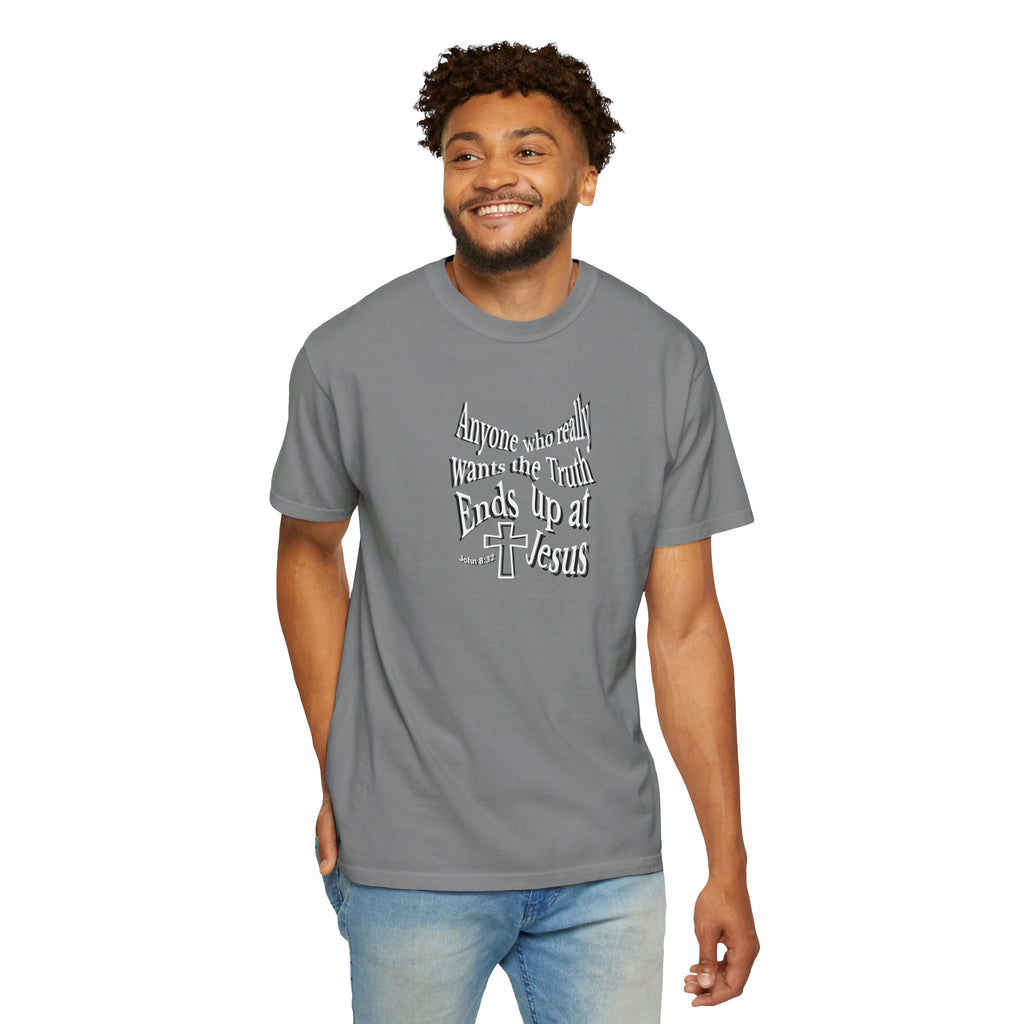 Man wearing a gray t-shirt with 'Highest Esteem' text on a white background