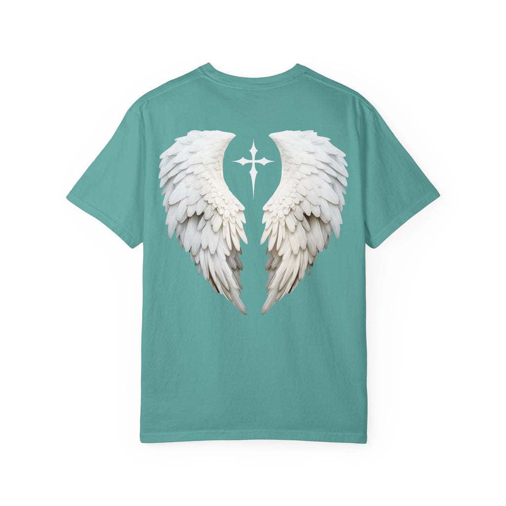 Teal t-shirt with white angel wings design on a white background