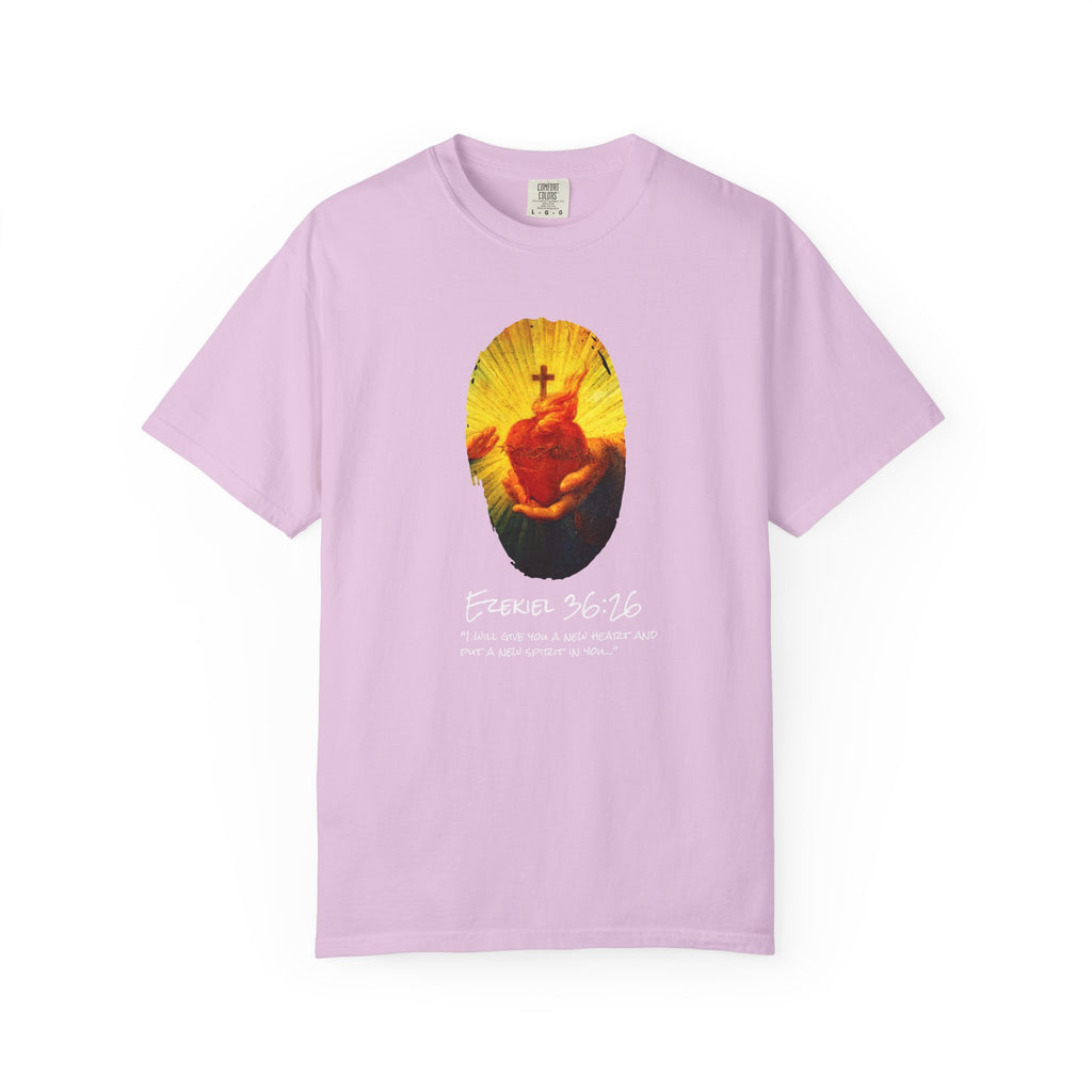 Light purple t-shirt with a graphic design on a white background