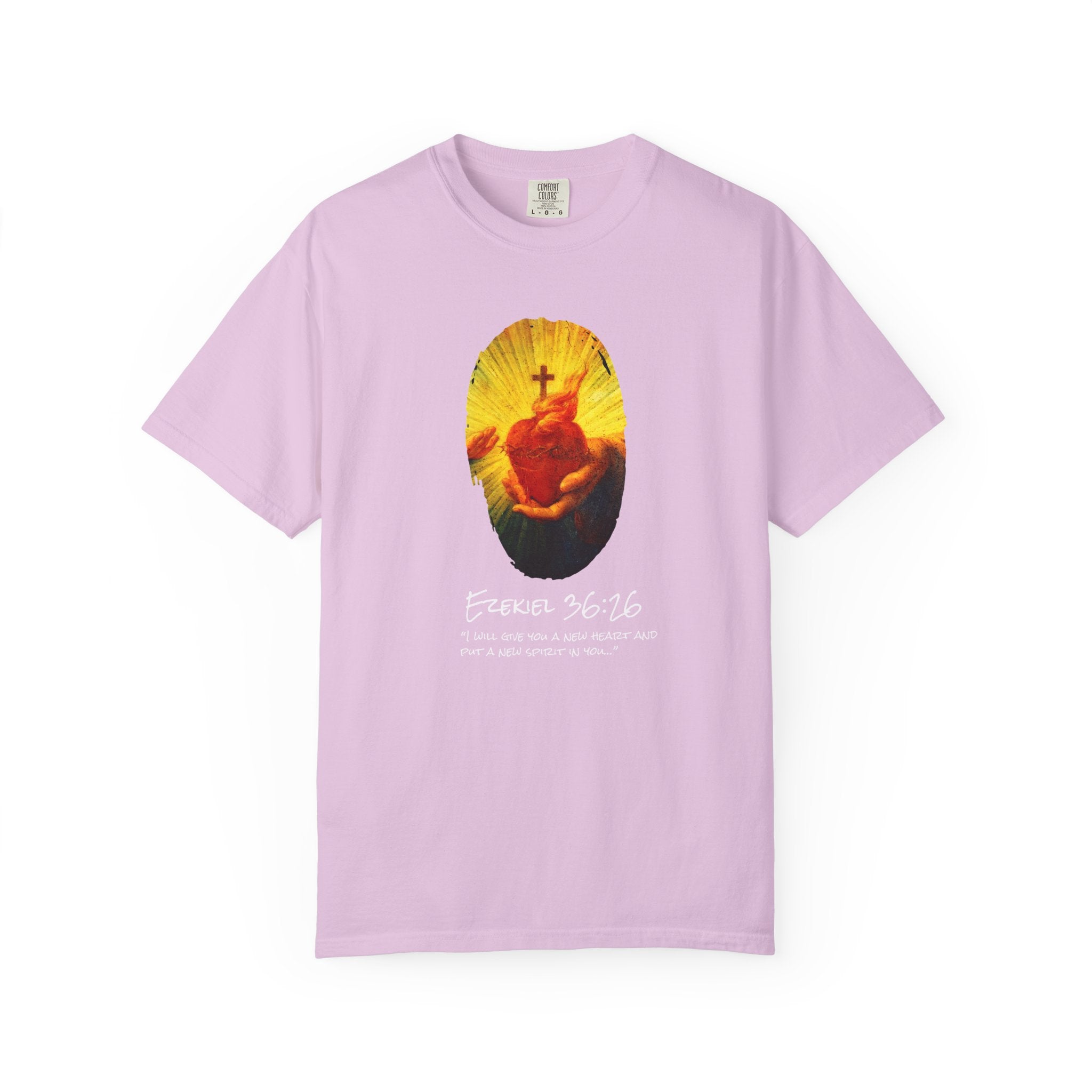Light purple t-shirt with a graphic design on a white background