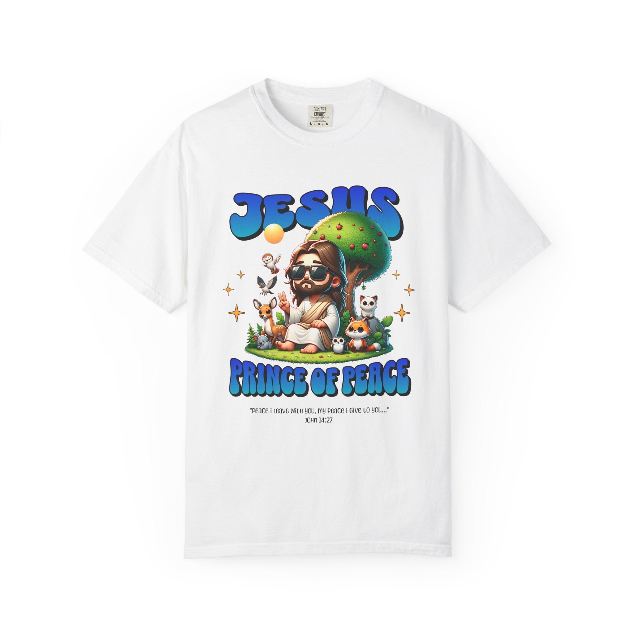 White t-shirt with a colorful graphic of Jesus and animals on a white background
