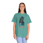 Person wearing a teal t-shirt with a graphic design on a white background