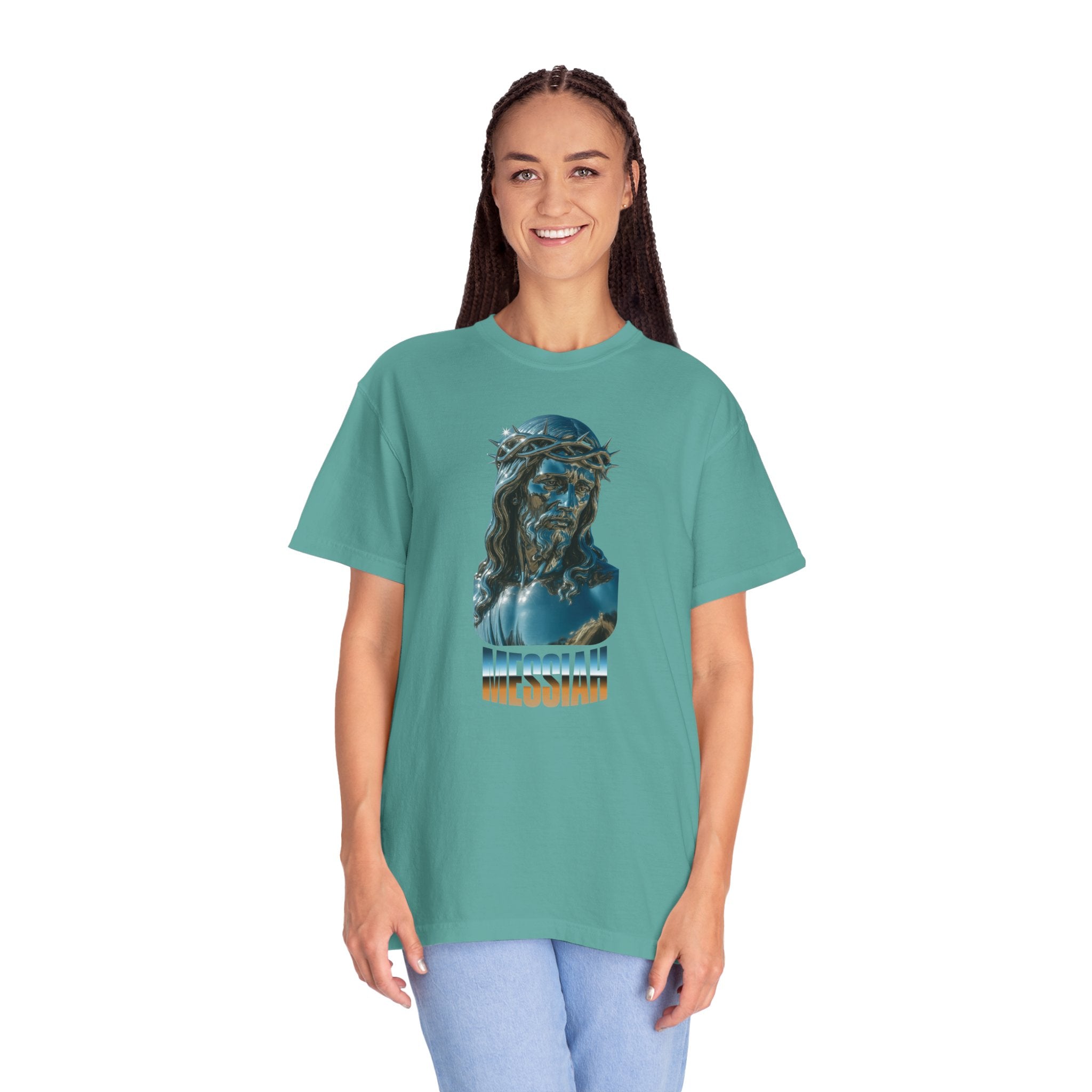 Person wearing a teal t-shirt with a graphic design on a white background