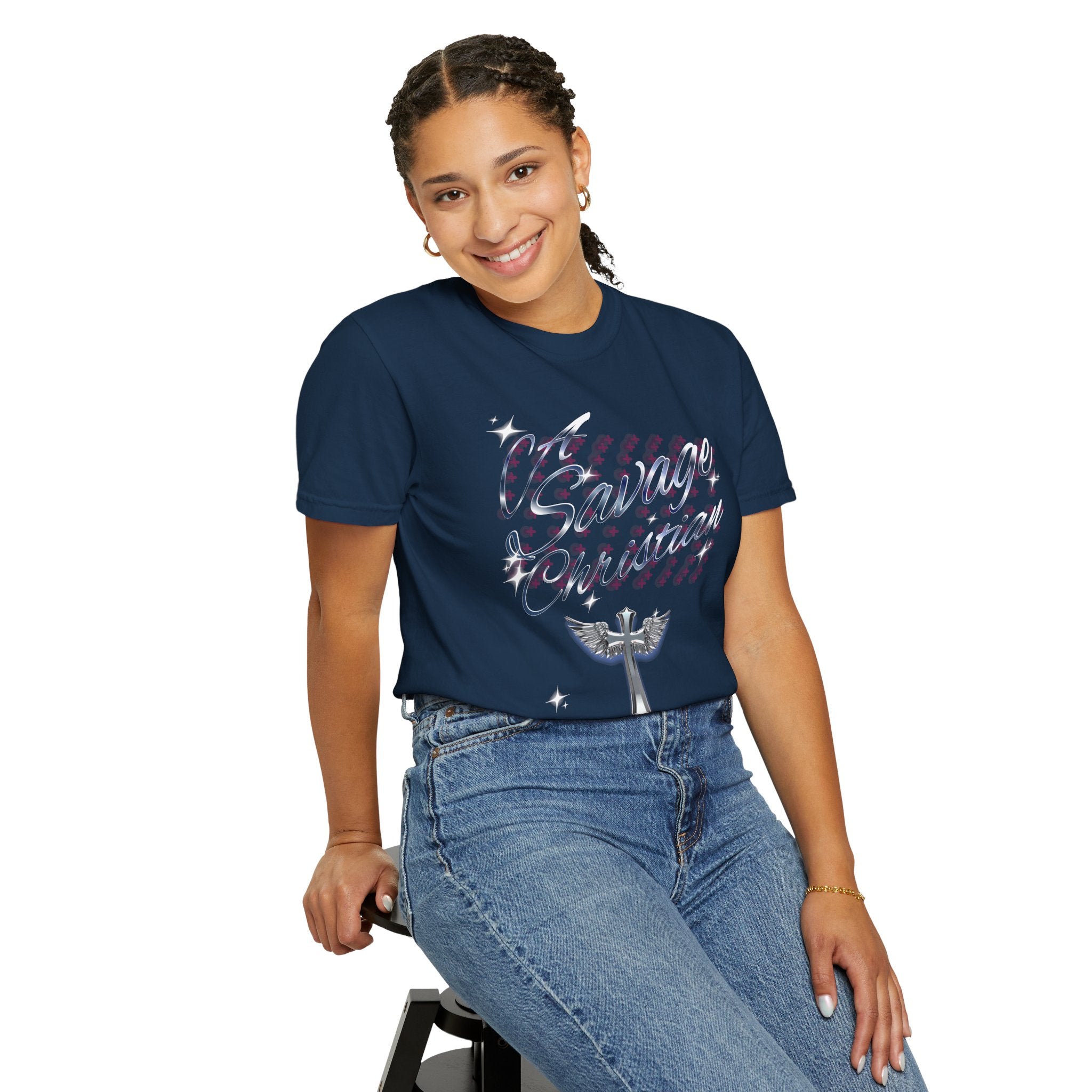 Person wearing a navy blue t-shirt with graphic design on a white background
