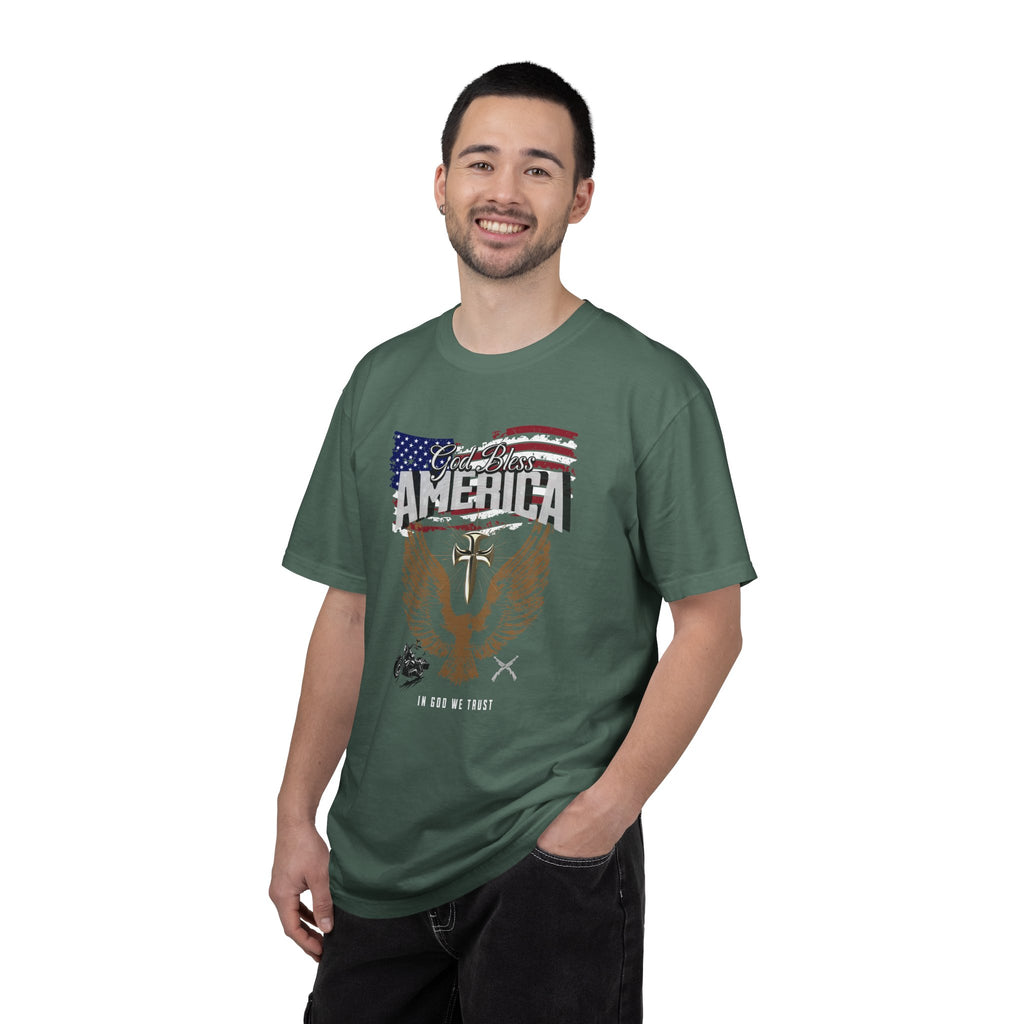 Man wearing a green t-shirt with a graphic design on a white background