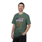 Man wearing a green t-shirt with a graphic design on a white background