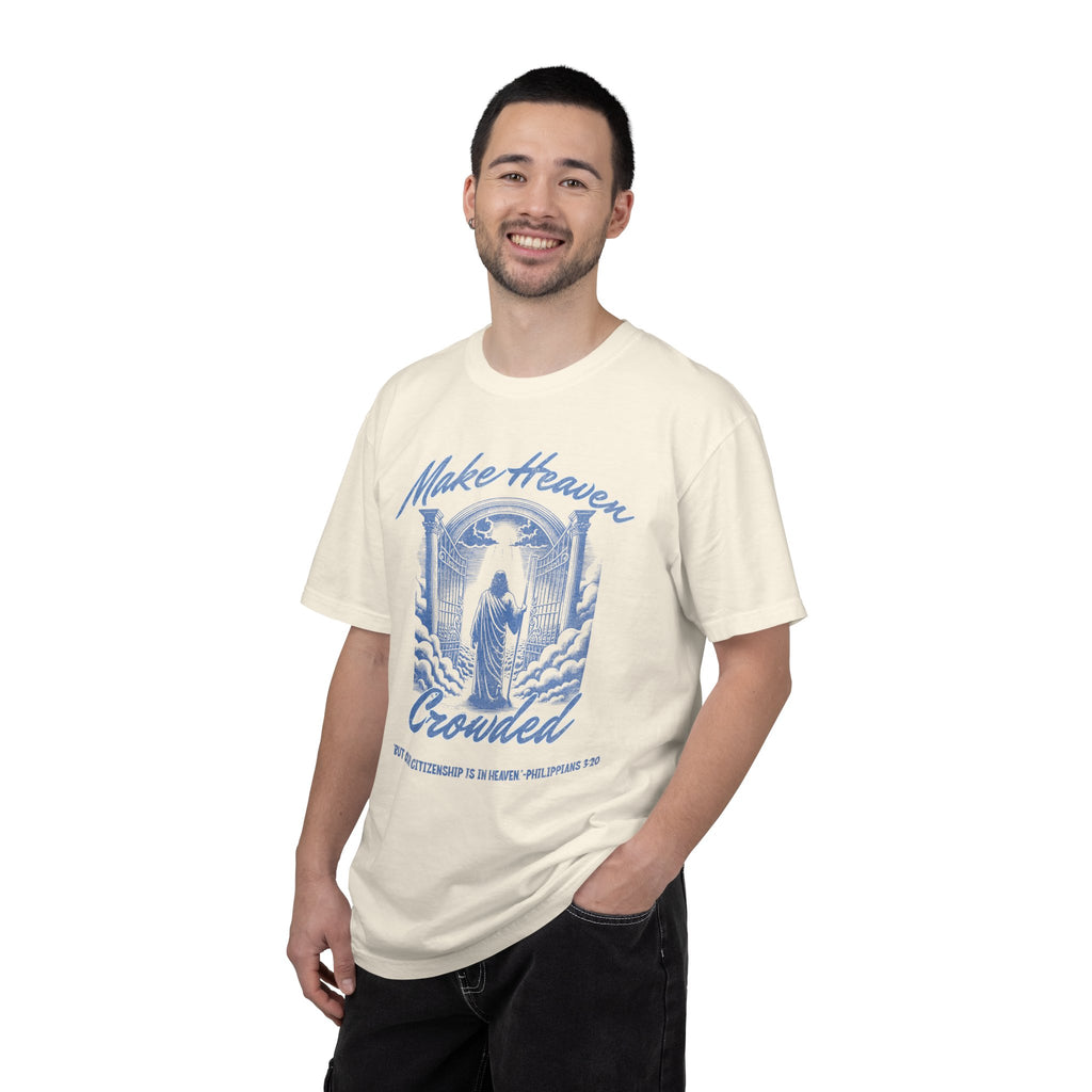 Man wearing a cream t-shirt with floral design and text on a white background