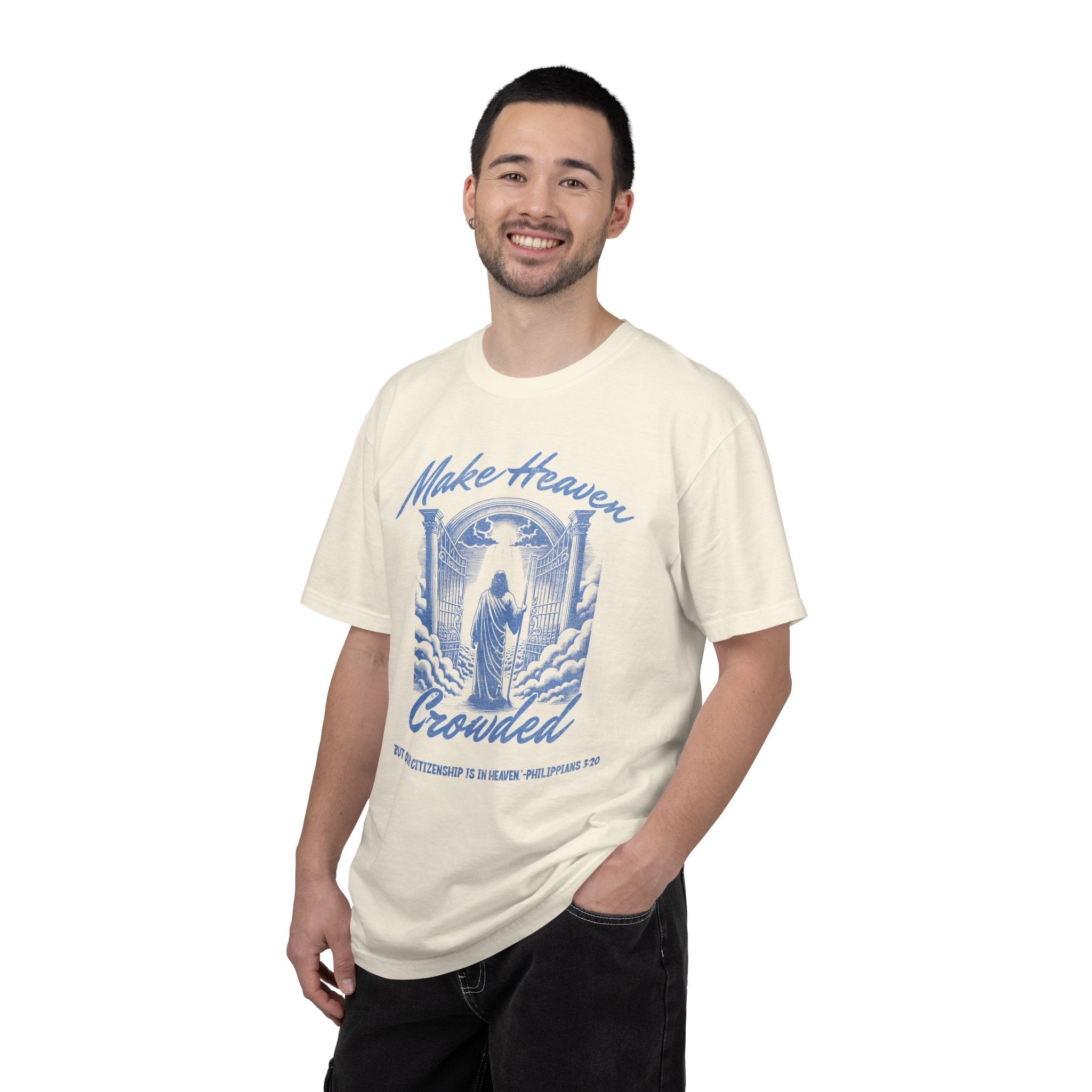 Man wearing a cream t-shirt with floral design and text on a white background