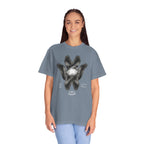 Person wearing a gray t-shirt with a cross design on a white background