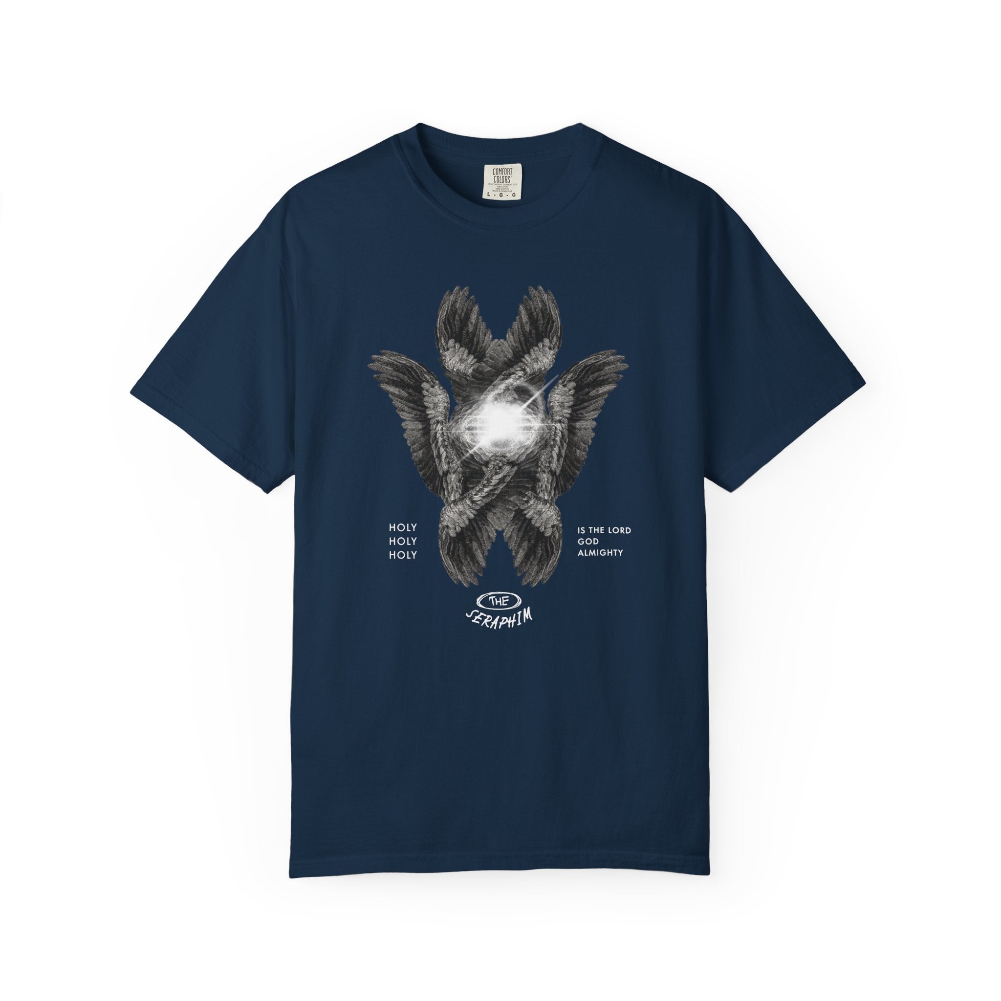 Navy blue t-shirt with ice hockey graphic on a white background
