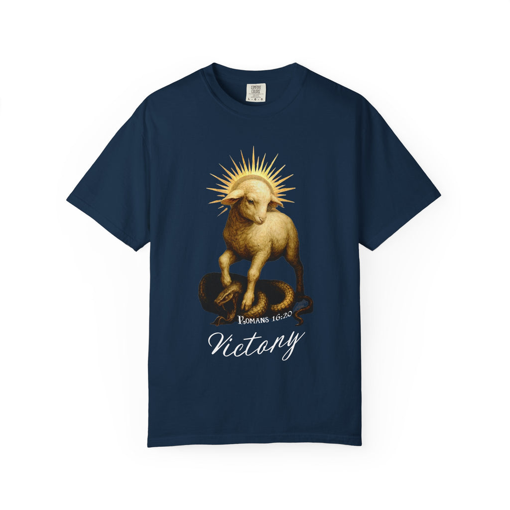 Navy blue t-shirt with a graphic of a lamb and 'Victory' text on a white background