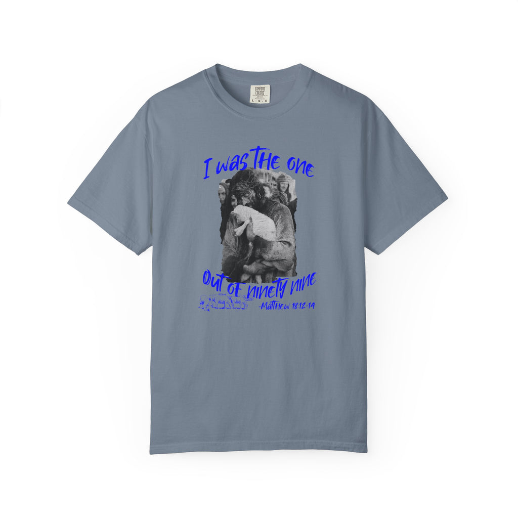 Gray t-shirt with graphic design and text on a white background
