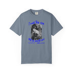 Gray t-shirt with graphic design and text on a white background
