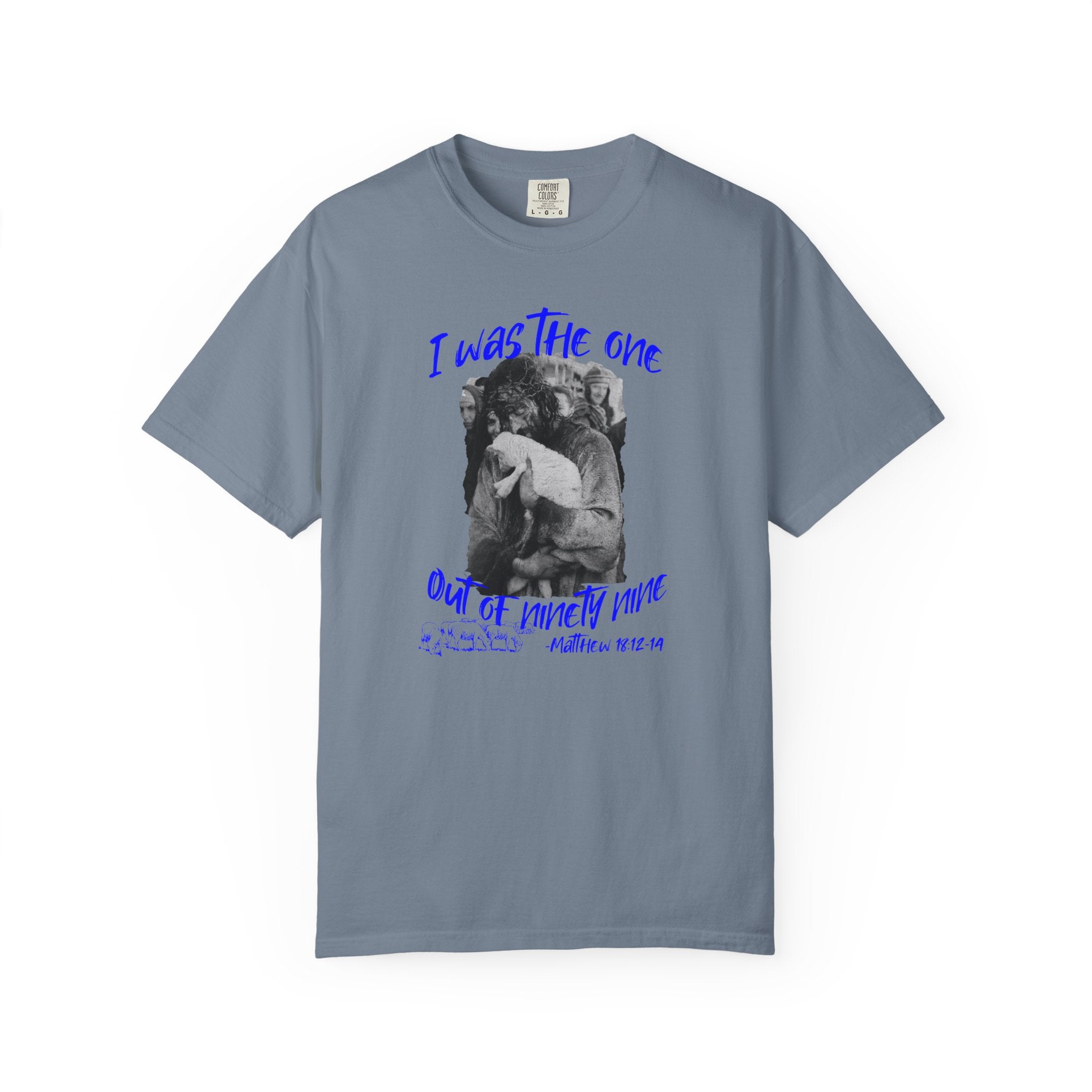Gray t-shirt with graphic design and text on a white background