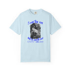 Light blue t-shirt with graphic design and text on a white background