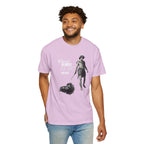 Man wearing a light purple t-shirt with graphic design and text on a white background