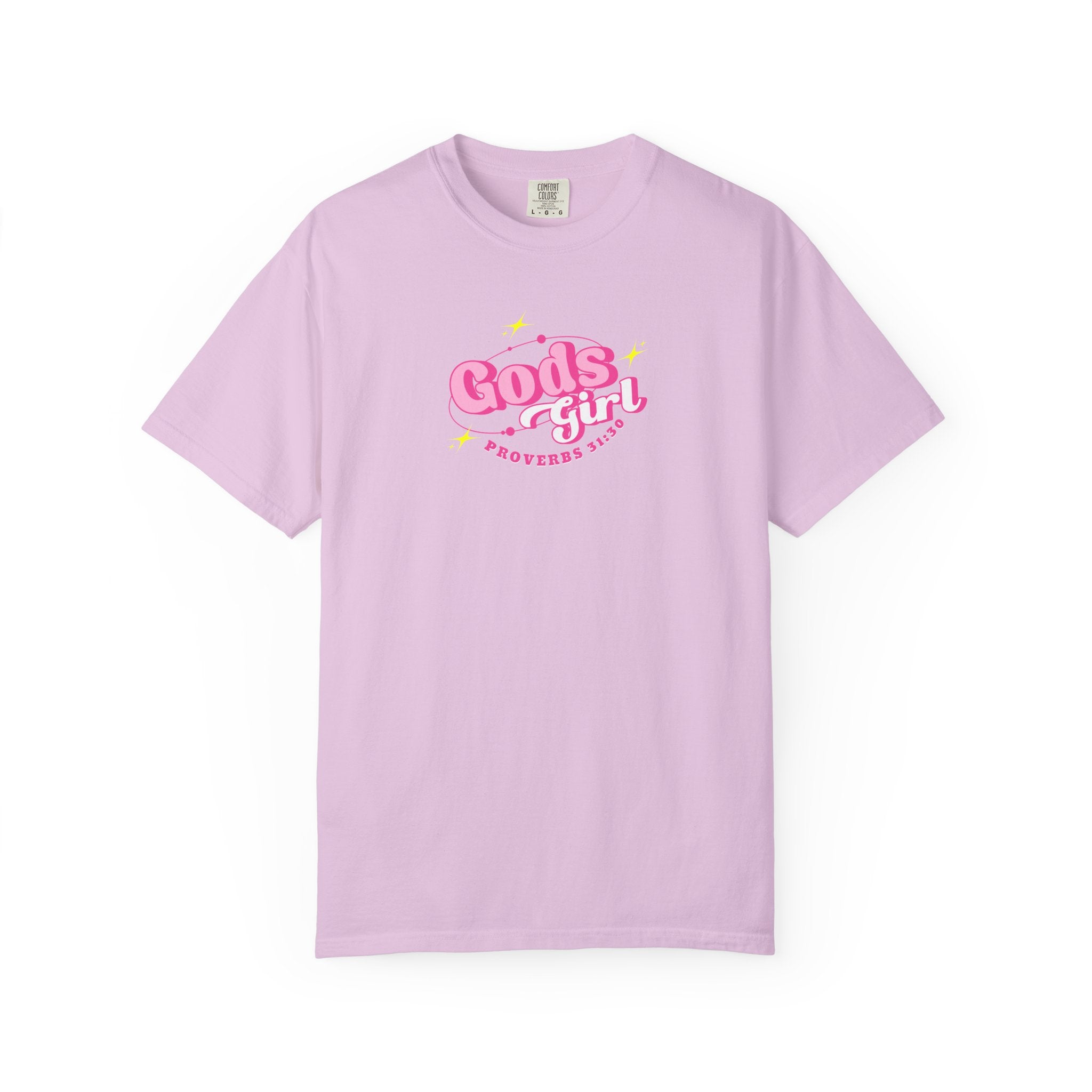 Pink t-shirt with 'God's Girl' text on a white background
