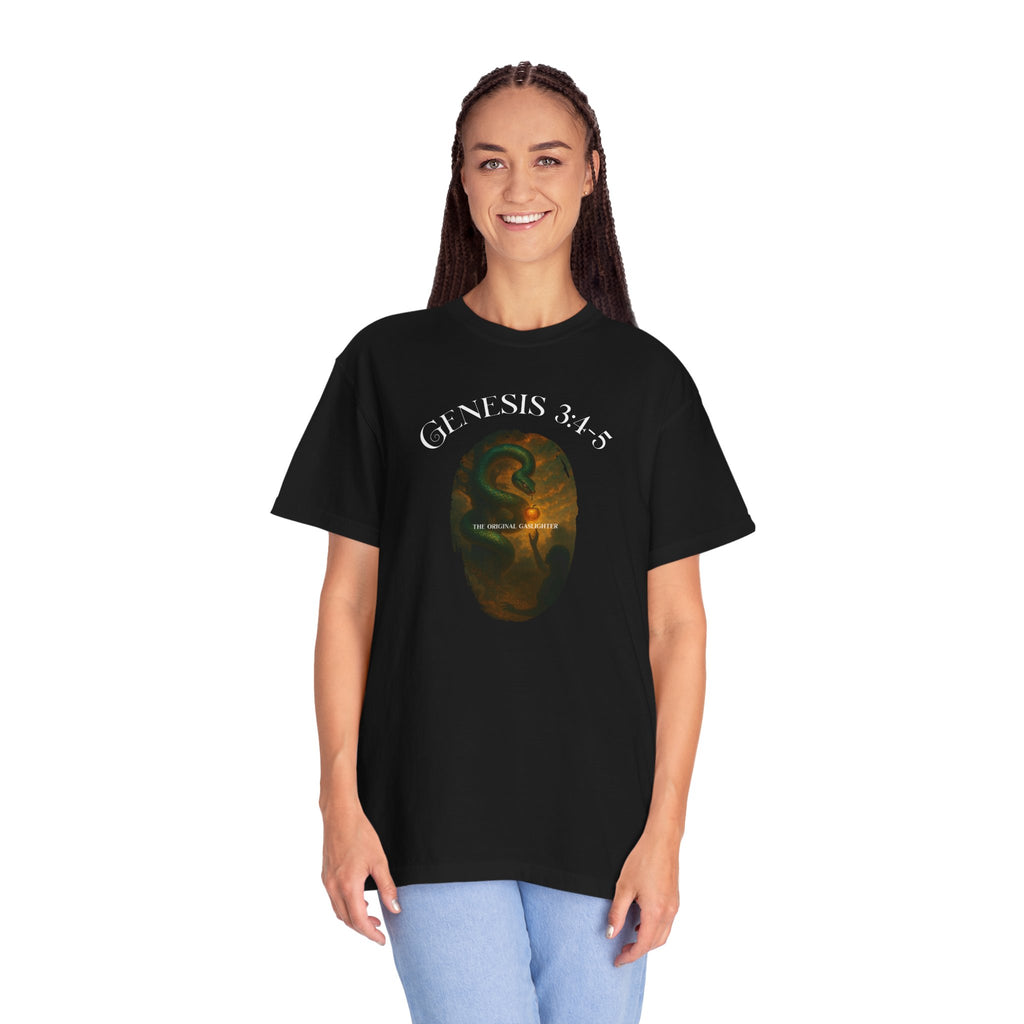 Person wearing a black t-shirt with a tree graphic and text on a white background