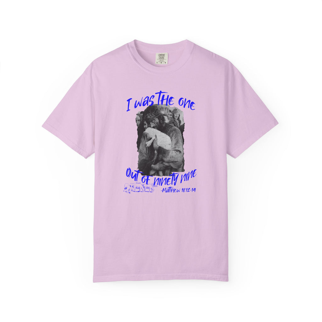 Pink t-shirt with graphic design and text on a white background