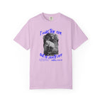 Pink t-shirt with graphic design and text on a white background