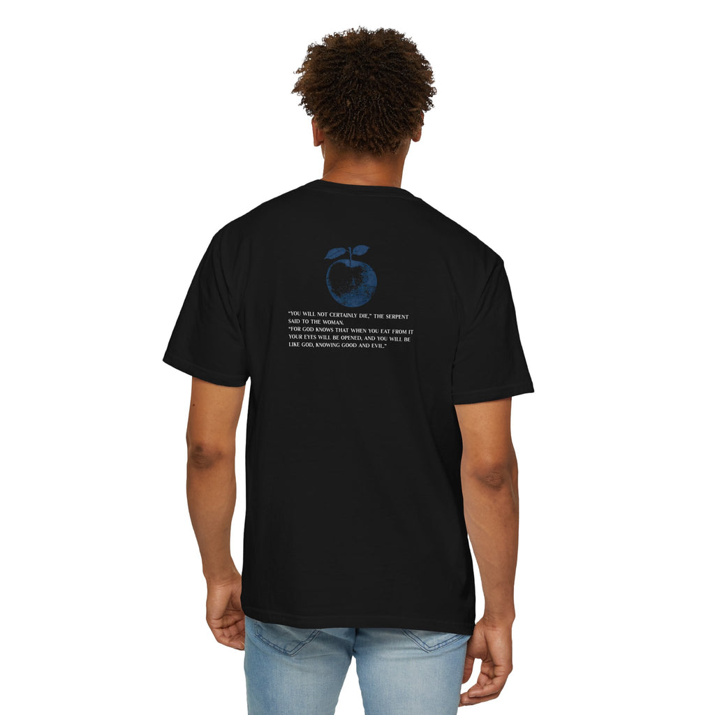 Person wearing a black t-shirt with text and an apple logo on the back, standing against a white background.
