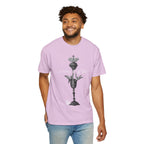 Man wearing a light purple t-shirt with a graphic design on a white background