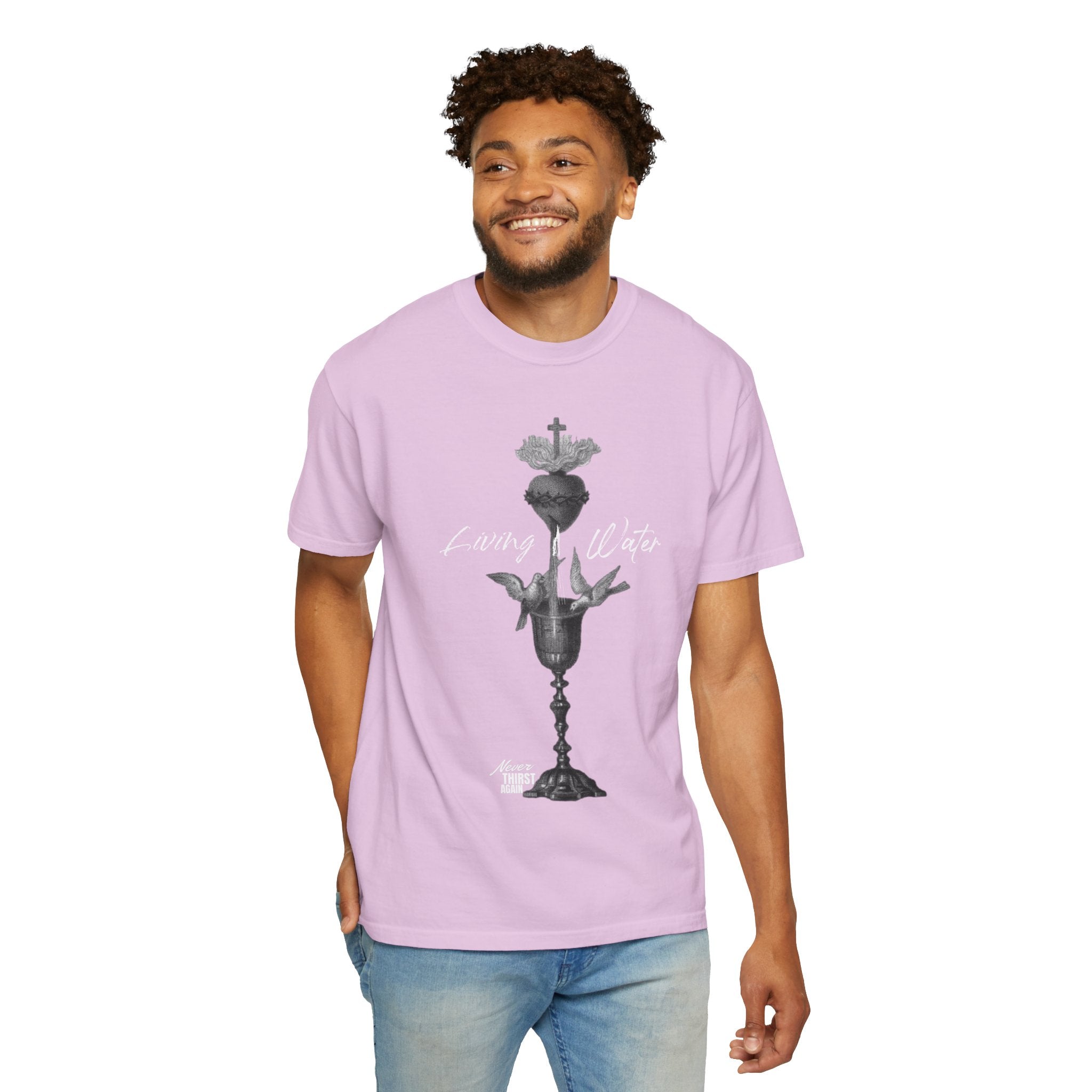 Man wearing a light purple t-shirt with a graphic design on a white background