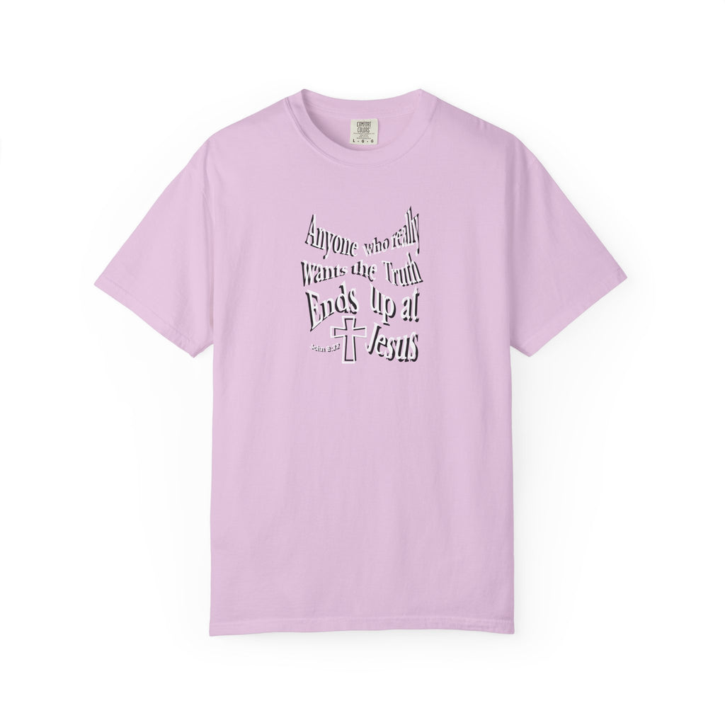 Light purple t-shirt with text and cross design on a white background