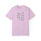Light purple t-shirt with text and cross design on a white background