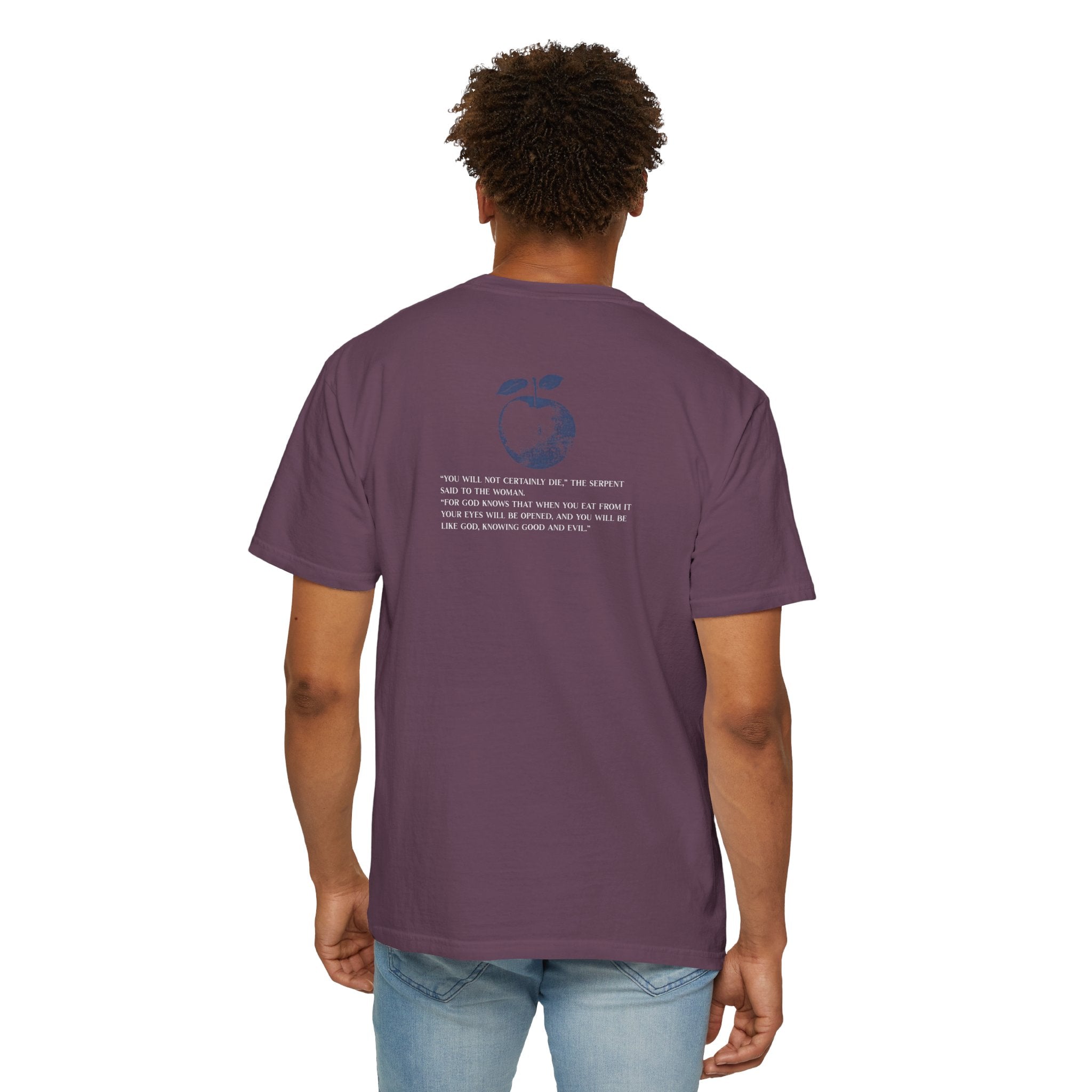 Person wearing a purple t-shirt with text and graphics on the back, on a white background