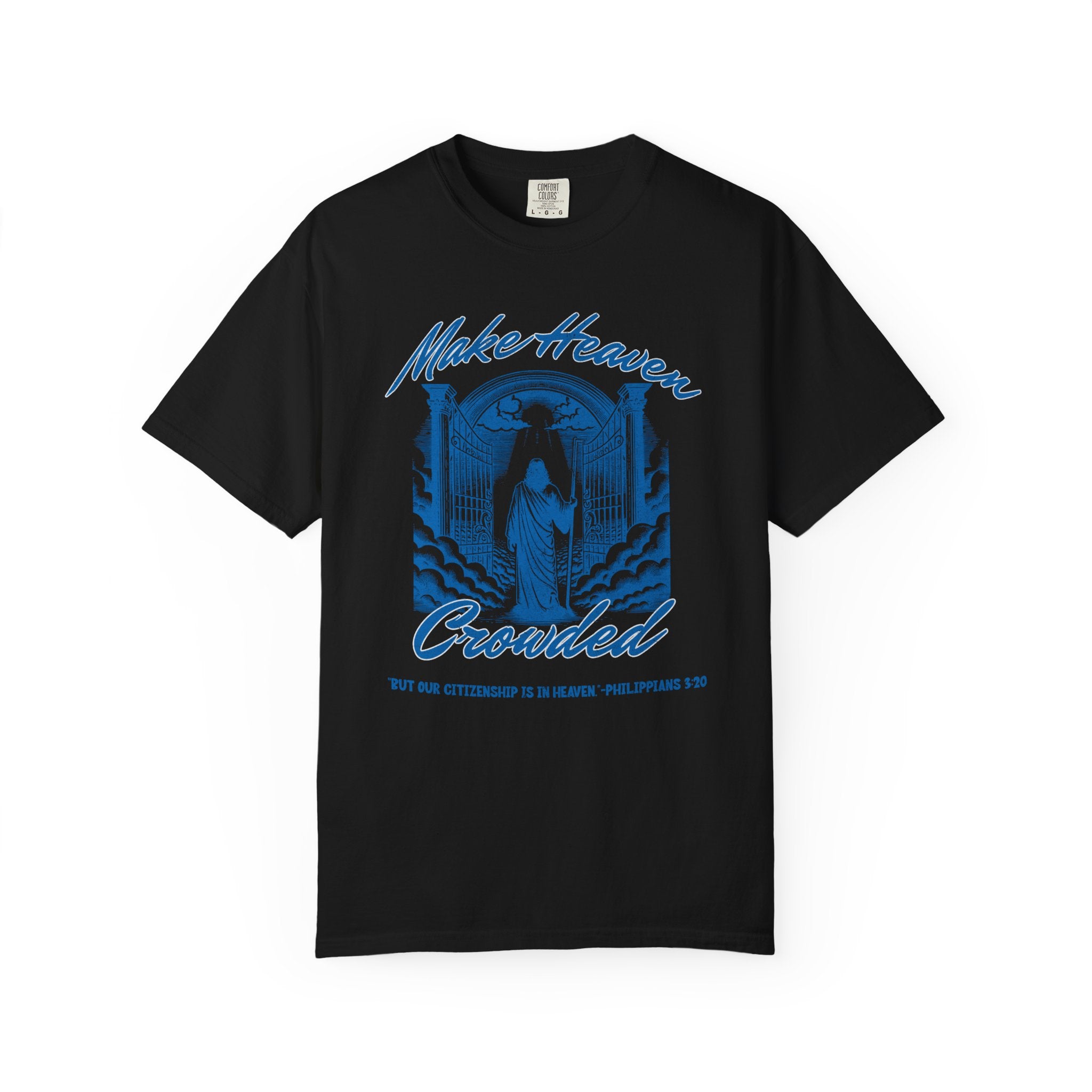 Black t-shirt with blue graphic and text on a white background