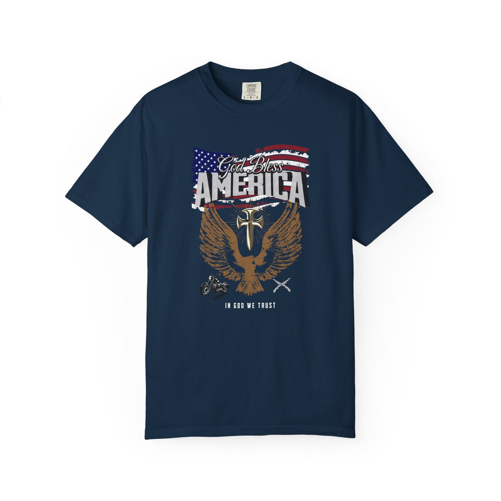 Navy blue t-shirt with American flag and eagle design on a white background