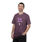Man wearing a purple t-shirt with 'Mayo for Sam' text on a white background