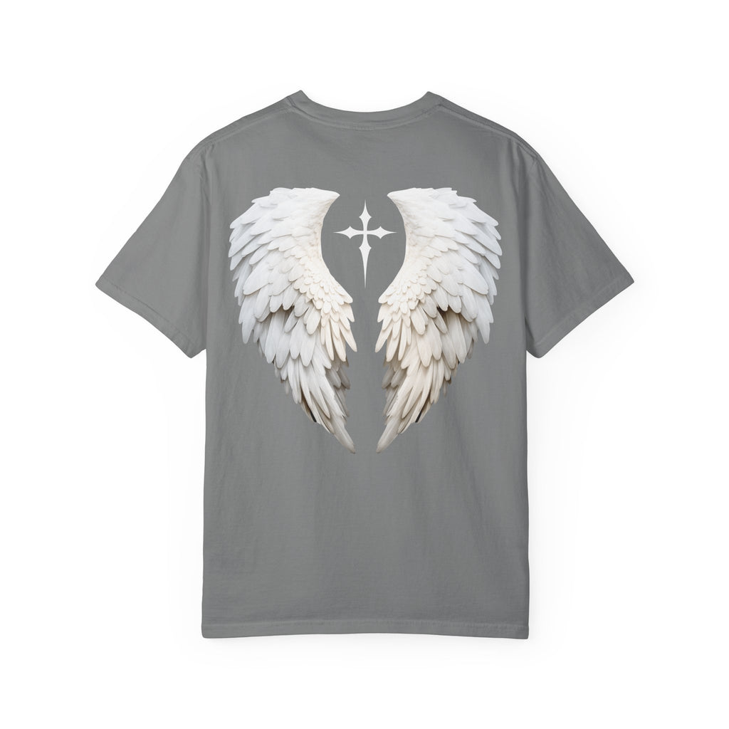 Gray t-shirt with white angel wings design on a white background
