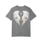 Gray t-shirt with white angel wings design on a white background