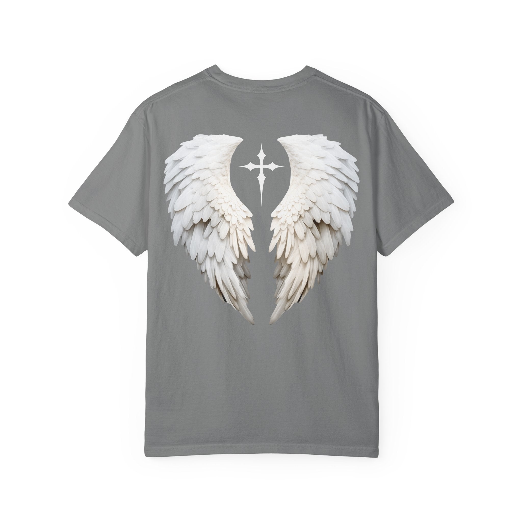 Gray t-shirt with white angel wings design on a white background