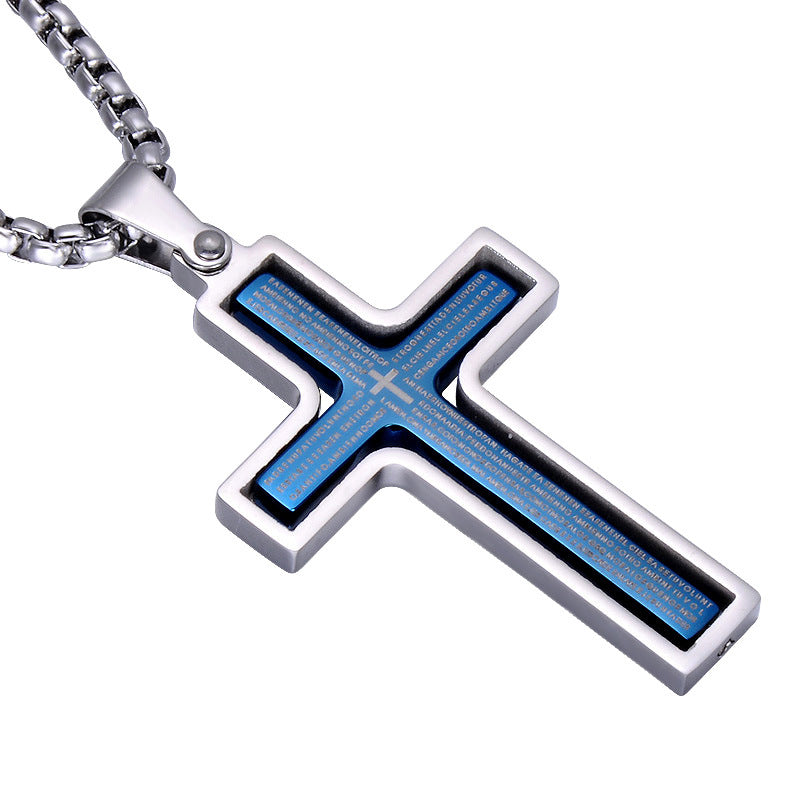 Cross-shaped pendant with blue interior and silver frame on a white background