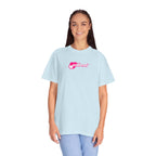 Person wearing a light blue t-shirt with a pink logo on a white background