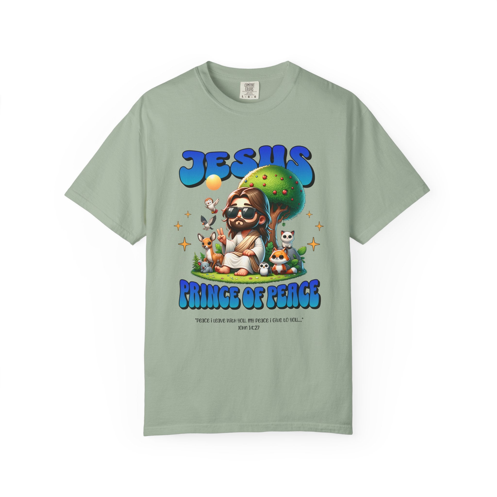Light green t-shirt with 'Jesus Prince of Peace' graphic design on a white background
