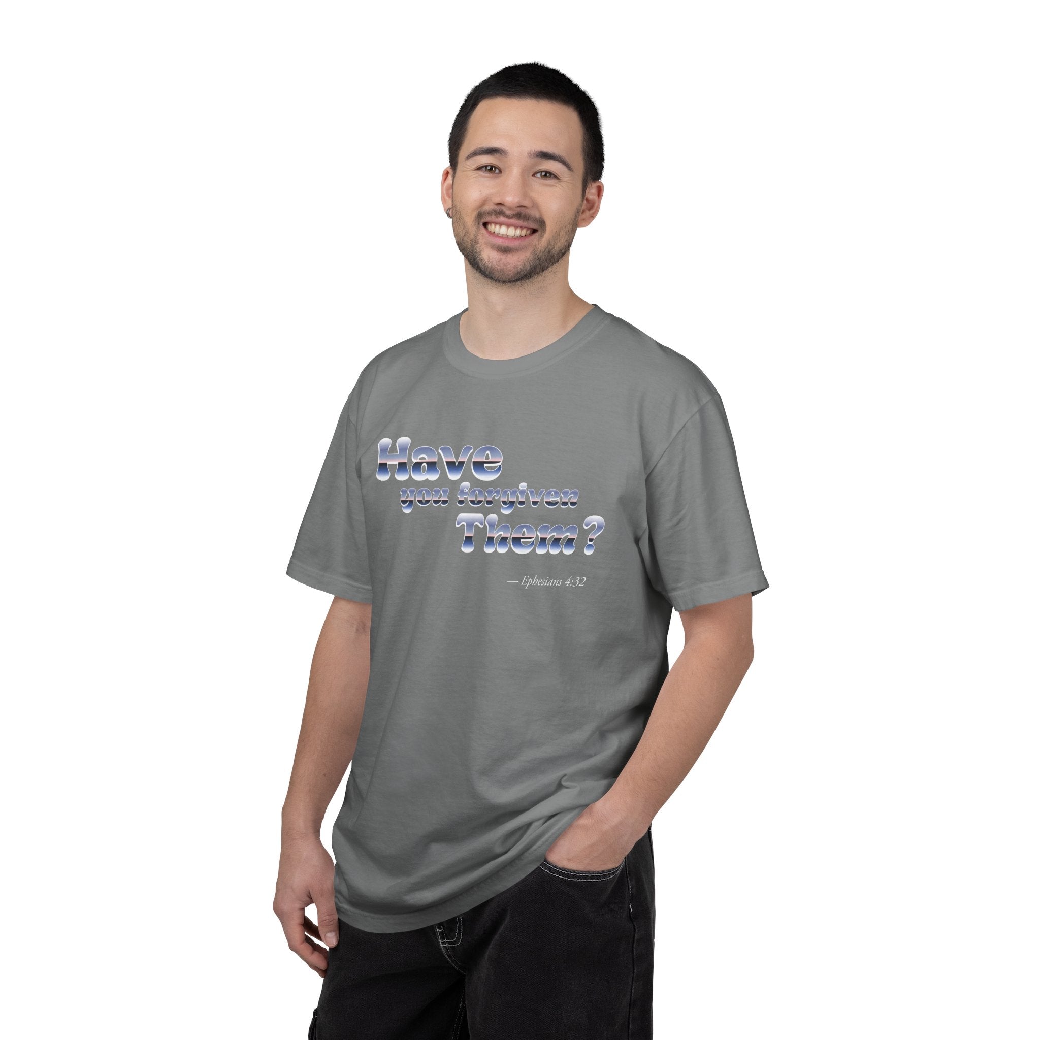 Man wearing a gray t-shirt with a graphic design and text on a white background