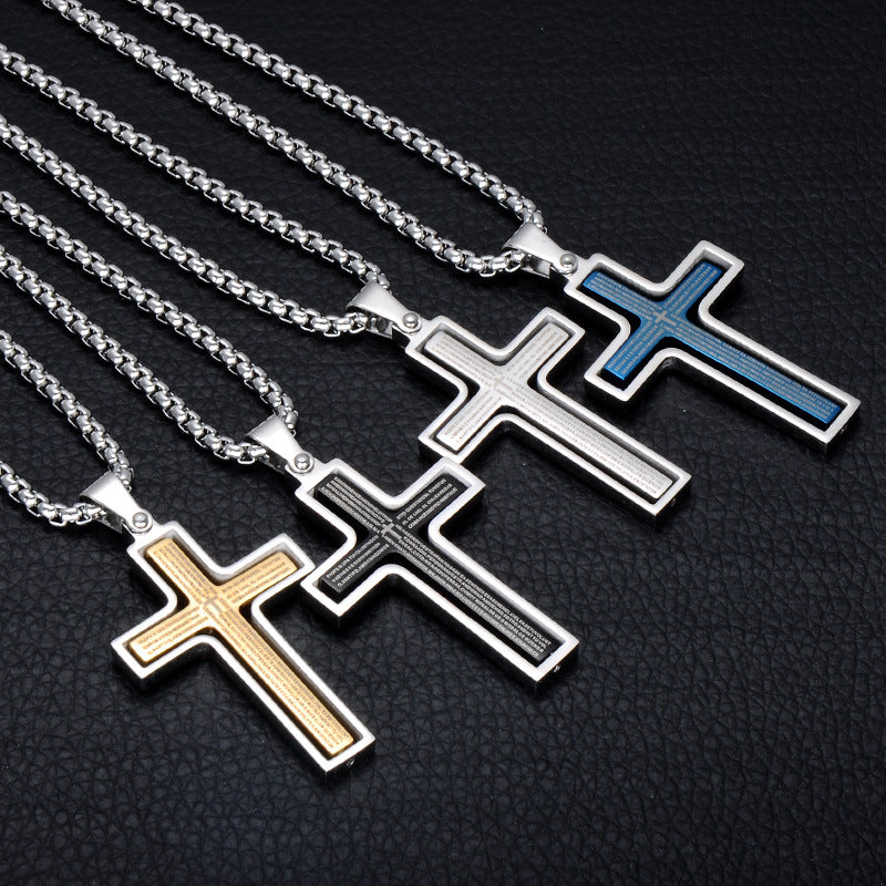 Four cross-shaped pendants on chains against a dark textured background