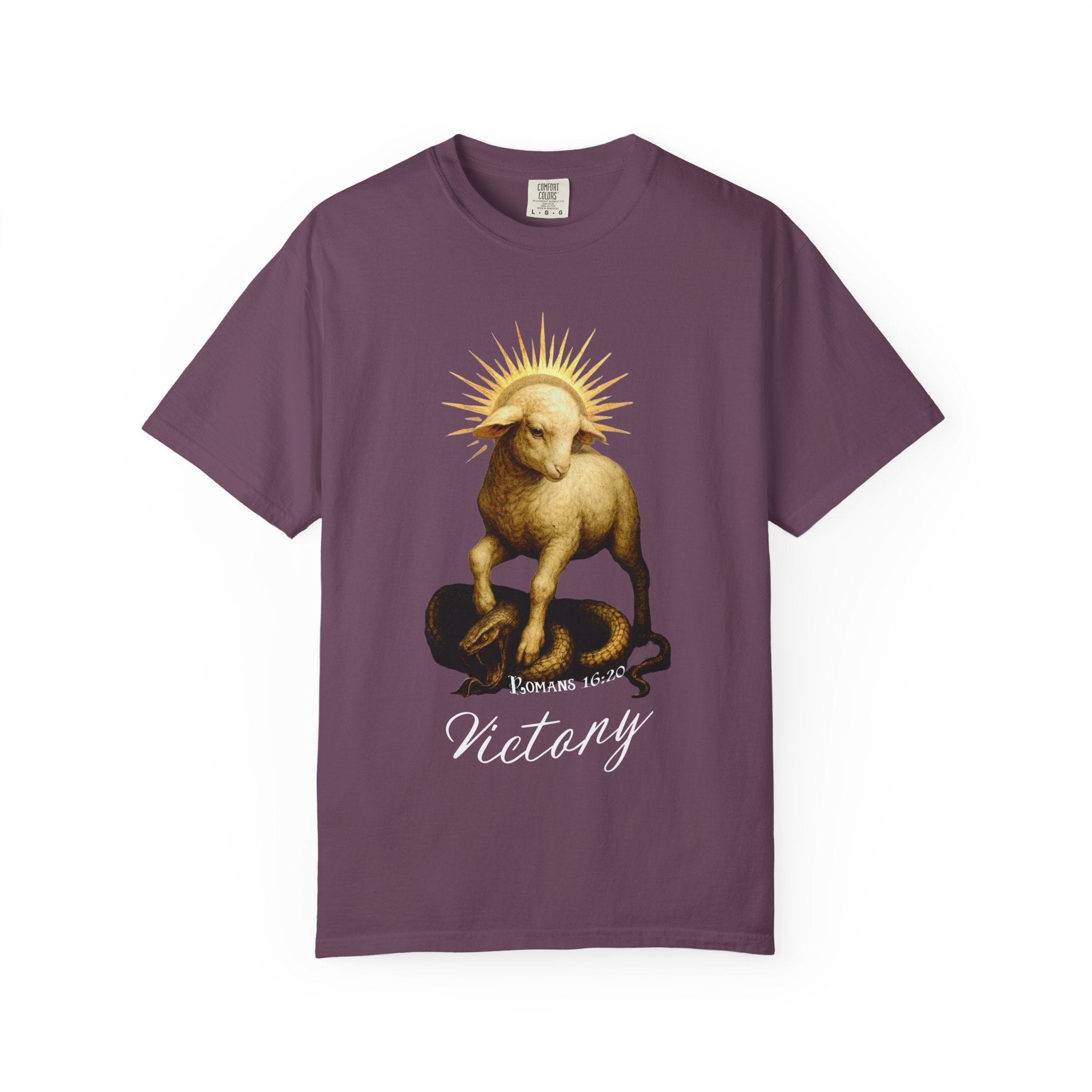 Gray t-shirt with a graphic of a lamb on a snake and the word 'Victory' on a white background