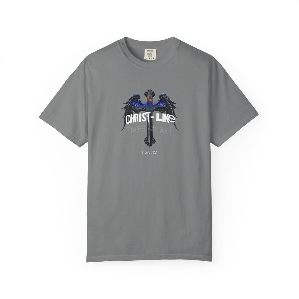 Gray t-shirt with a graphic design on a white background