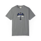 Gray t-shirt with a graphic design on a white background