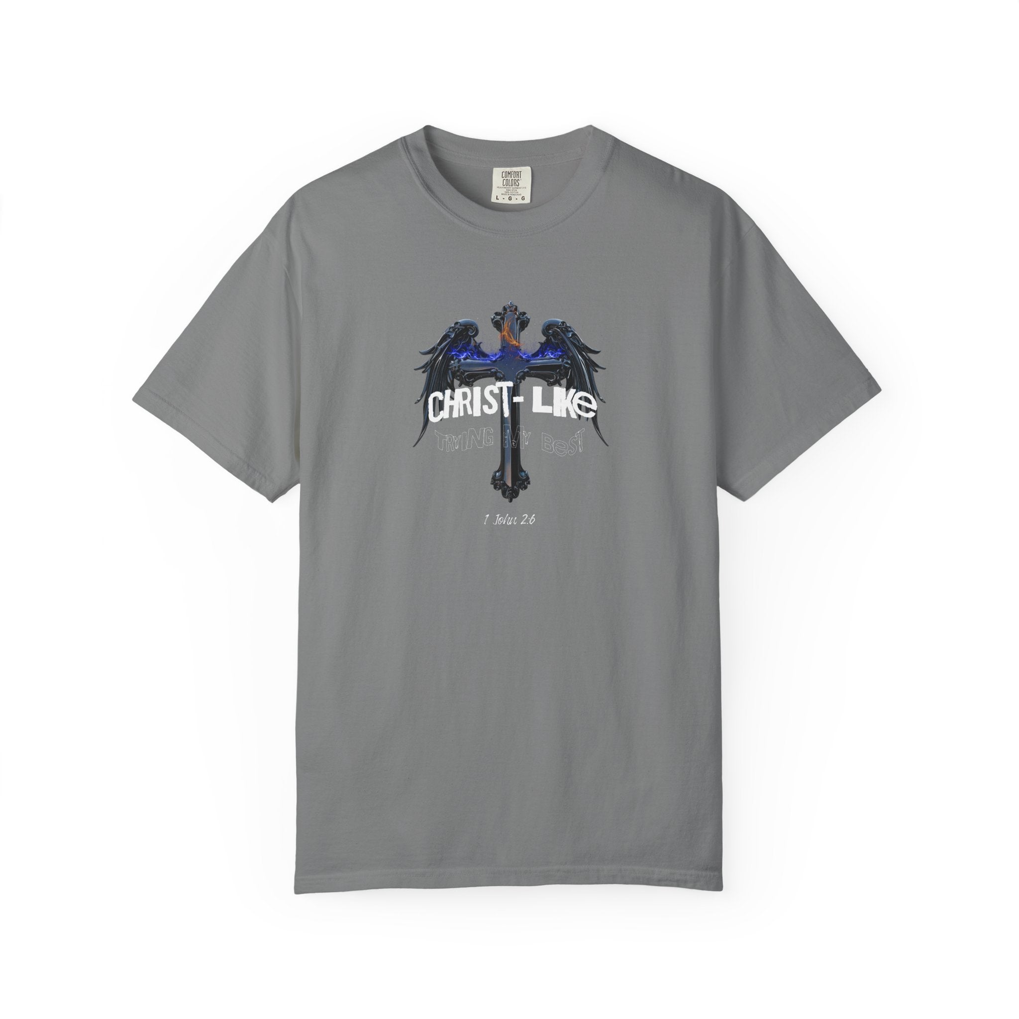 Gray t-shirt with a graphic design on a white background