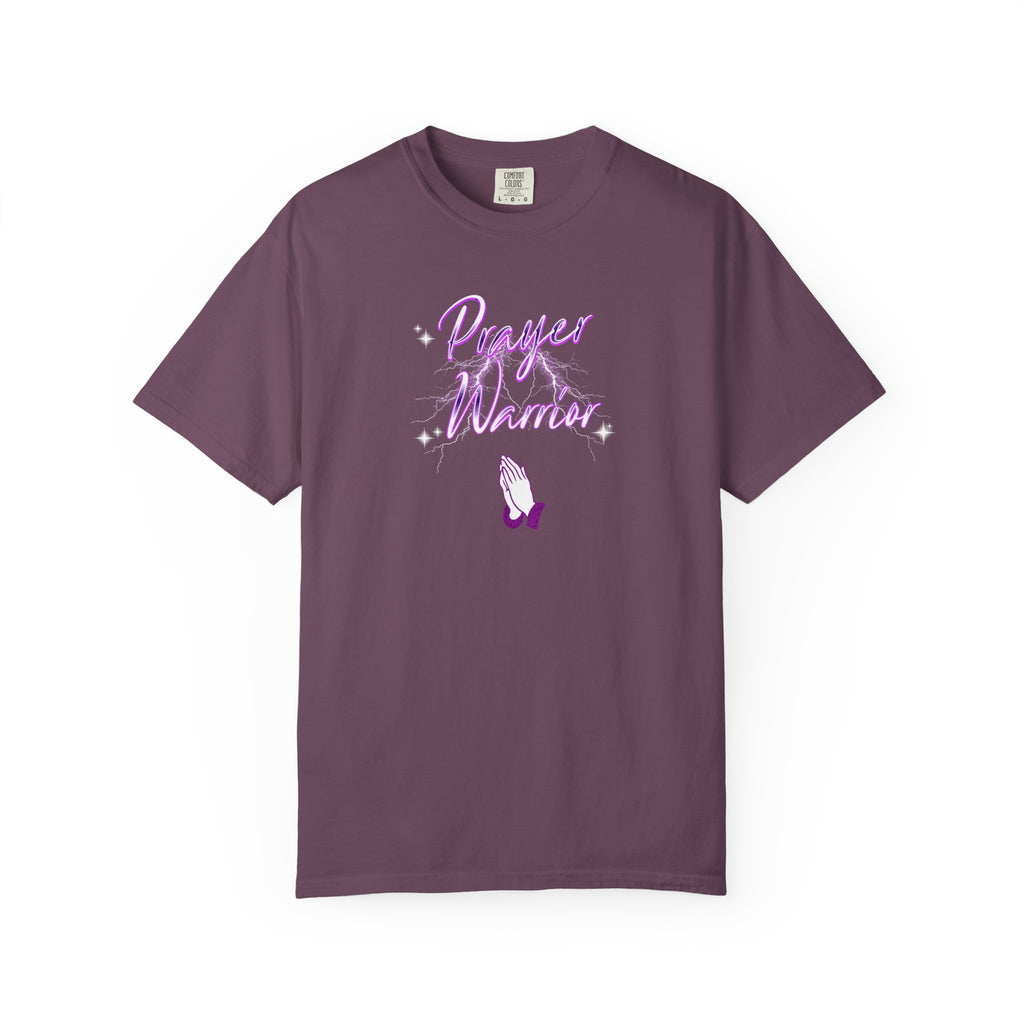 Purple t-shirt with 'Prayer Warrior' design on a white background