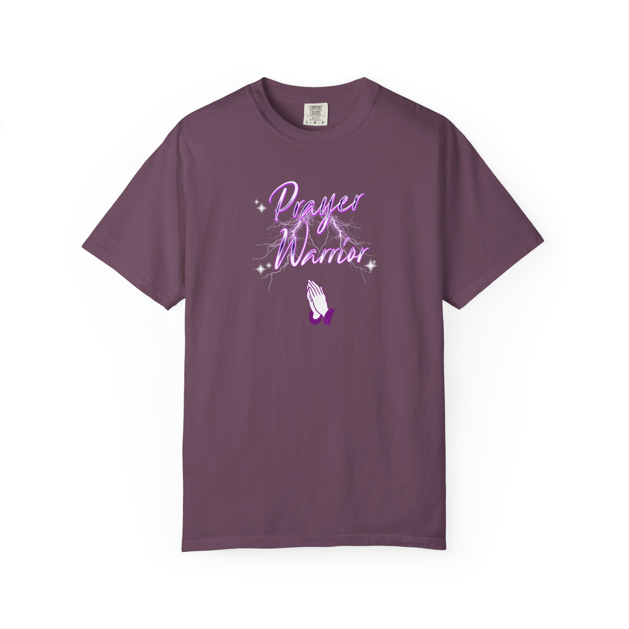 Purple t-shirt with 'Prayer Warrior' design on a white background