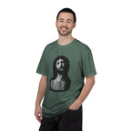 Man wearing a green t-shirt with a graphic design on a white background